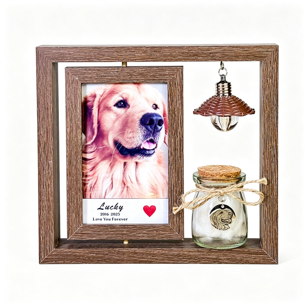 PHABULS Rotating Pet Memorial Frame with Hair Keepsake Jar & Light
