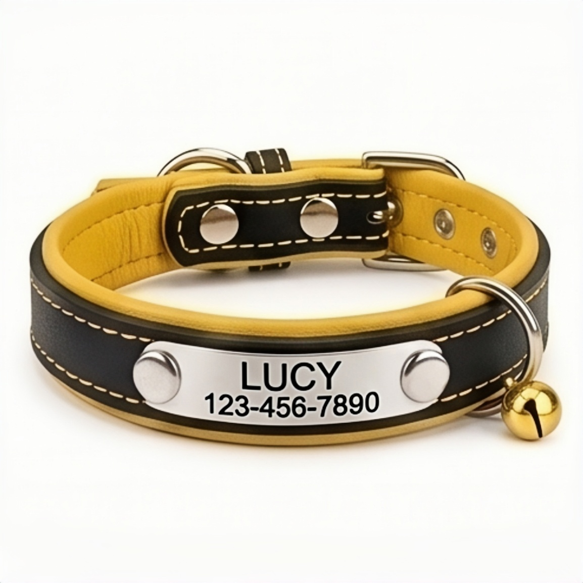 PHABULS Custom Leather Dog Collar, Adjustable Engraved ID Nameplate