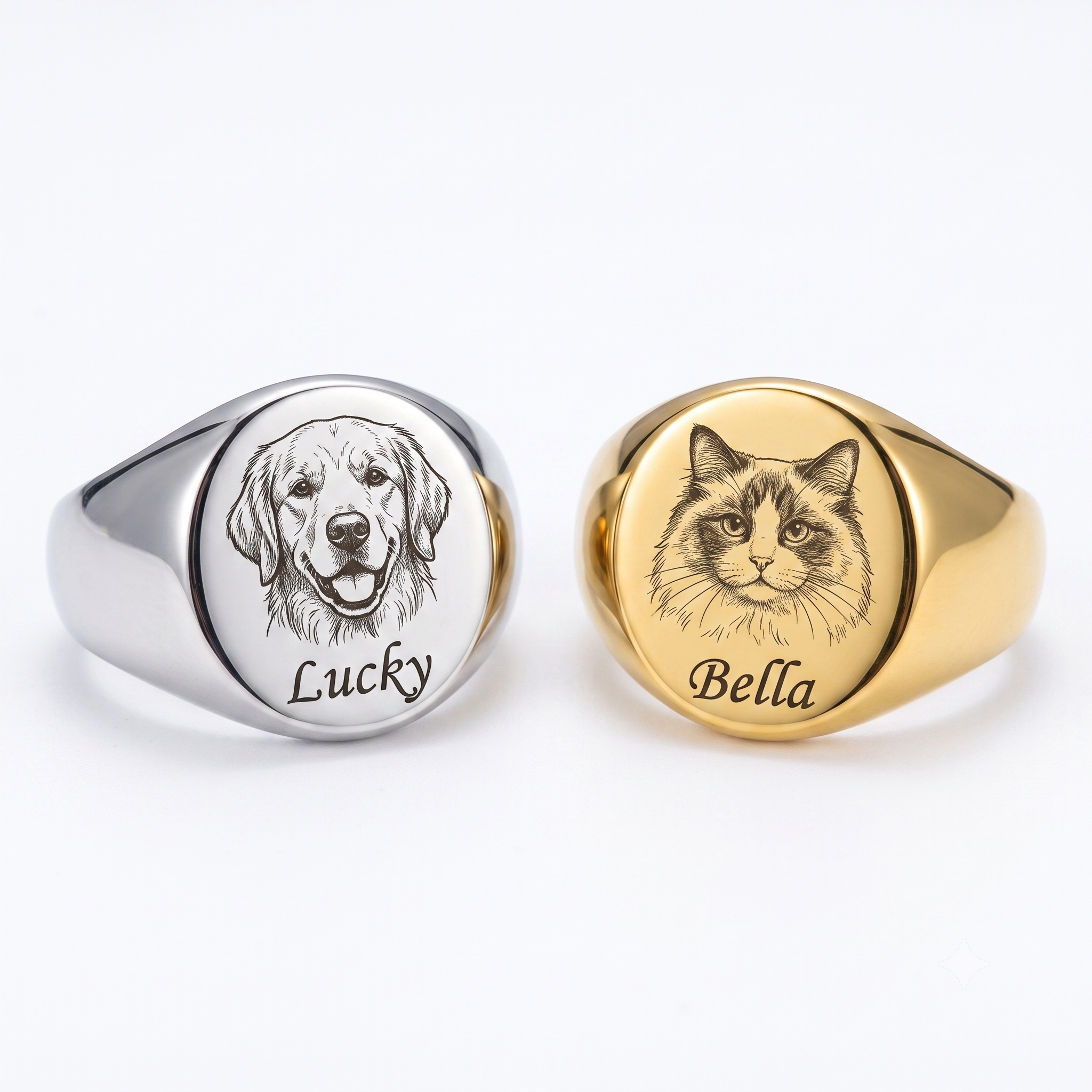 PHABULS Custom Hand-Drawn Pet Portrait Memorial Ring for Dog Cat Lovers