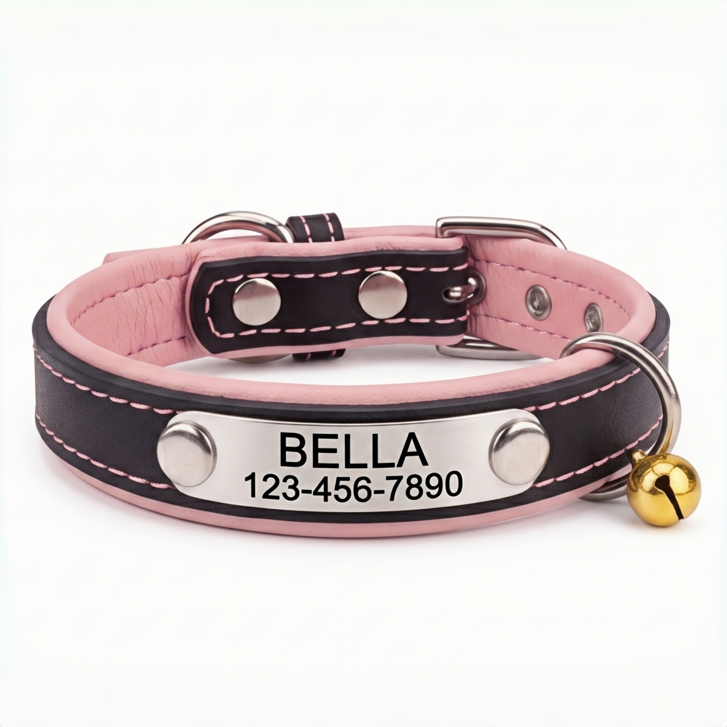 PHABULS Custom Leather Dog Collar, Adjustable Engraved ID Nameplate