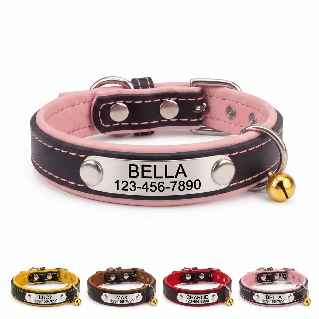 PHABULS Custom Leather Dog Collar, Adjustable Engraved ID Nameplate