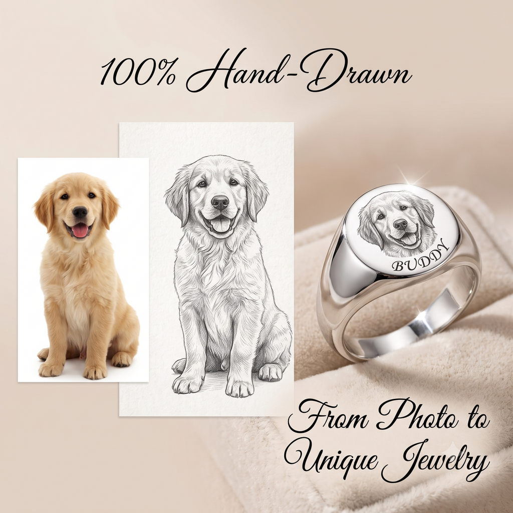 PHABULS Custom Hand-Drawn Pet Portrait Memorial Ring for Dog Cat Lovers