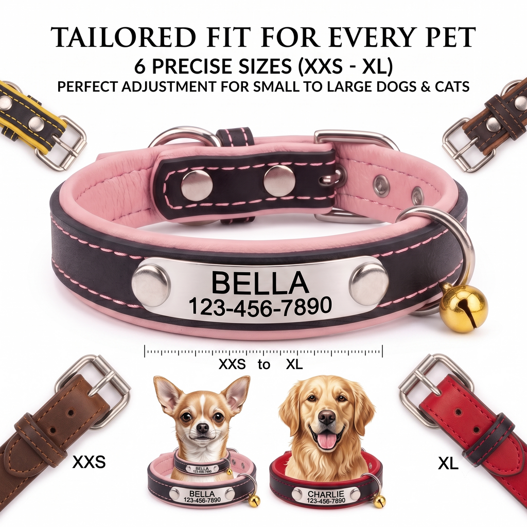 PHABULS Custom Leather Dog Collar, Adjustable Engraved ID Nameplate