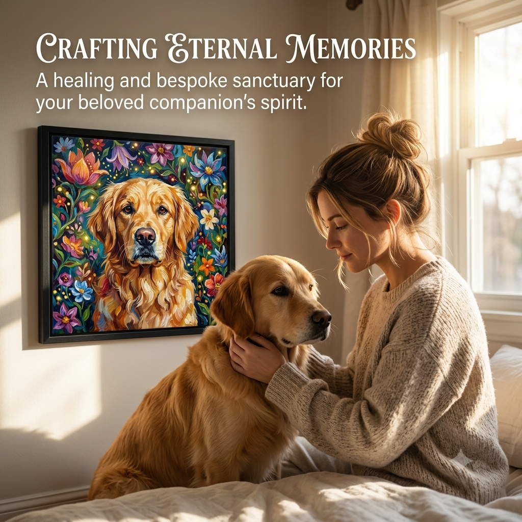 PHABULS Framed Custom Pet Portrait, Floral Fairytale Impasto Oil Painting