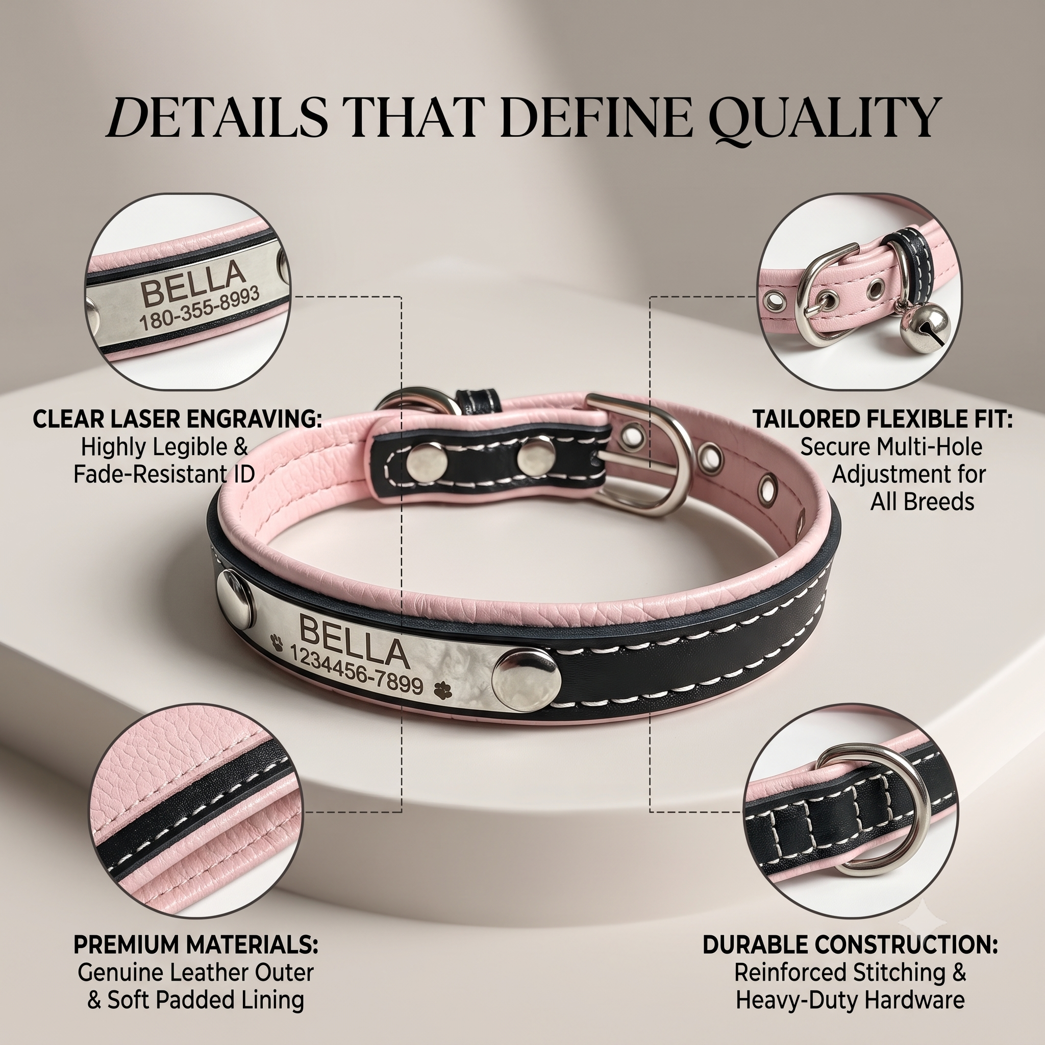 PHABULS Custom Leather Dog Collar, Adjustable Engraved ID Nameplate