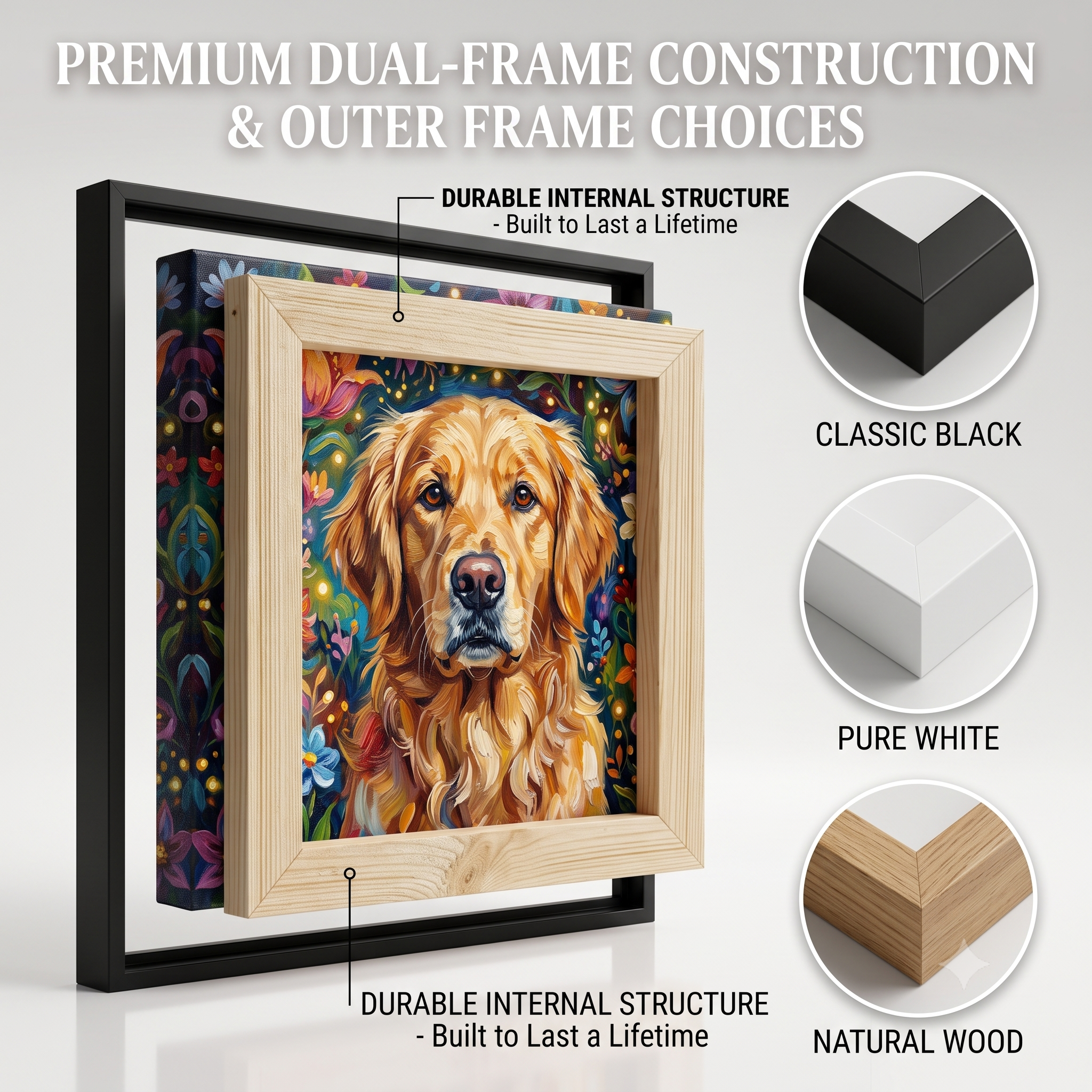 PHABULS Framed Custom Pet Portrait, Floral Fairytale Impasto Oil Painting