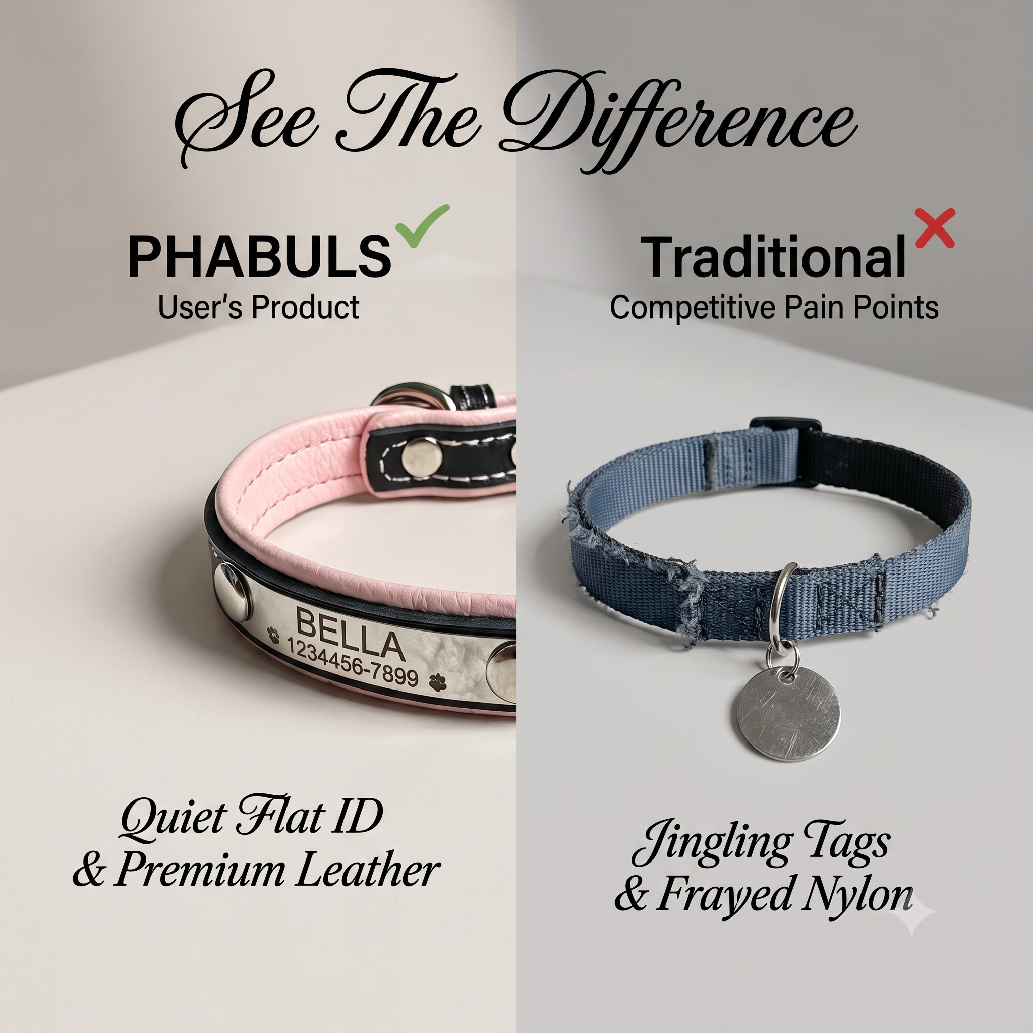 PHABULS Custom Leather Dog Collar, Adjustable Engraved ID Nameplate
