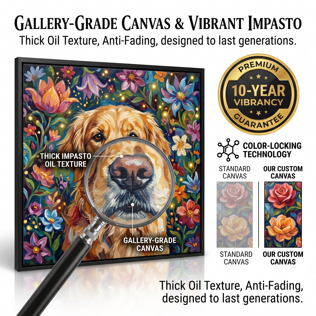 PHABULS Framed Custom Pet Portrait, Floral Fairytale Impasto Oil Painting
