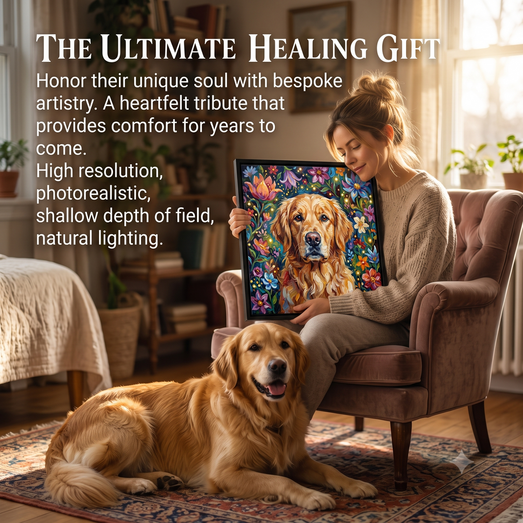 PHABULS Framed Custom Pet Portrait, Floral Fairytale Impasto Oil Painting
