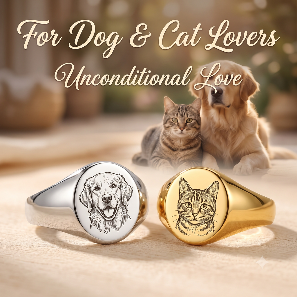 PHABULS Custom Hand-Drawn Pet Portrait Memorial Ring for Dog Cat Lovers