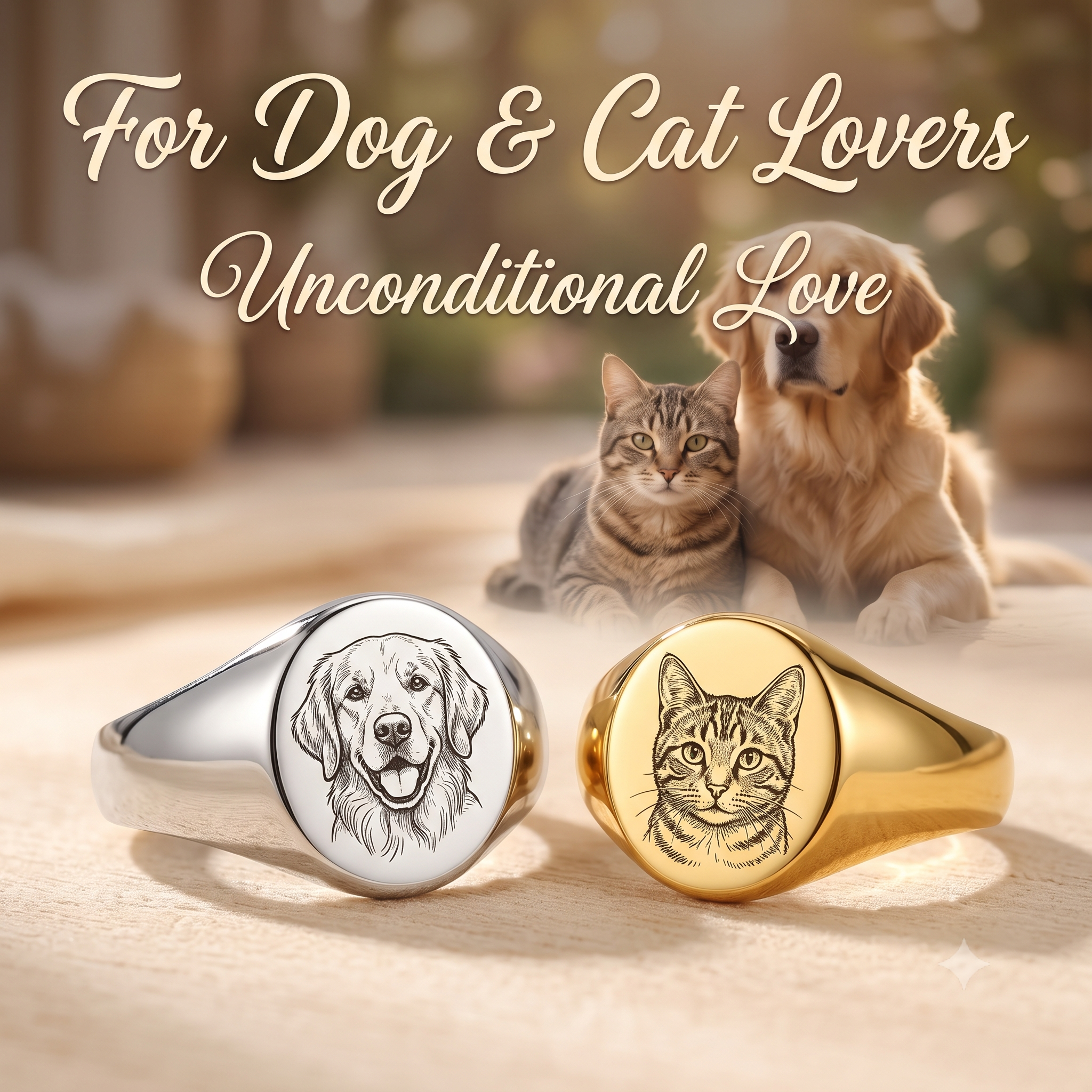 PHABULS Custom Hand-Drawn Pet Portrait Memorial Ring for Dog Cat Lovers