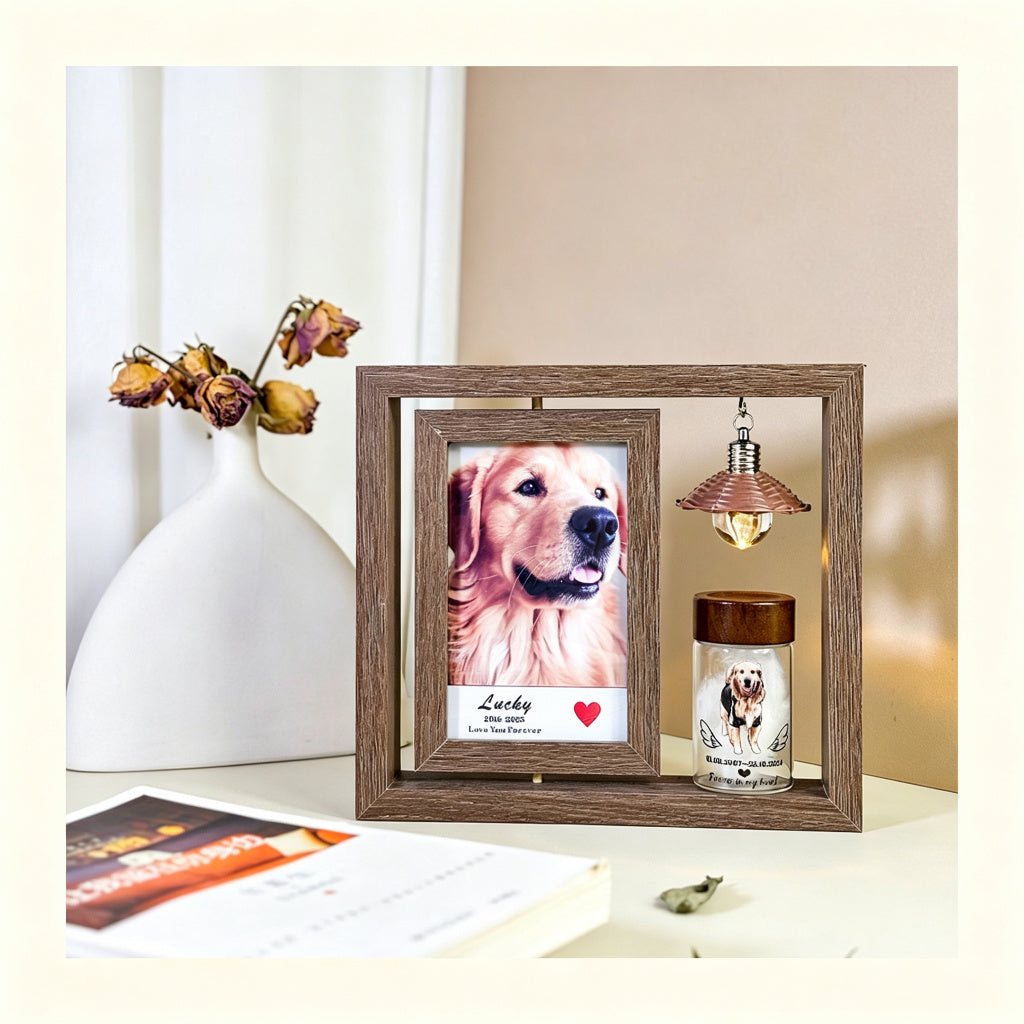 PHABULS Rotating Pet Memorial Frame with Hair Keepsake Jar & Light