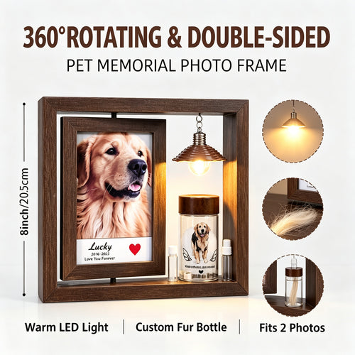 Personalized Pet Memorial Photo Frame with Hair Keepsake Jar, Custom Rotating Dog & Cat Loss Sympathy Gift, Wooden Picture Frame with Warm Light & Engraved Fur Bottle for Pet Remembrance