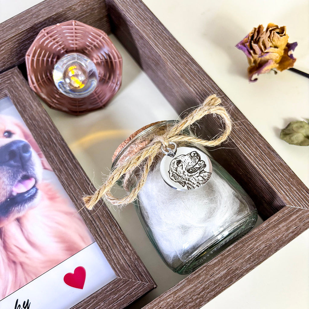 Personalized Pet Memorial Photo Frame with Hair Keepsake Jar, Custom Rotating Dog & Cat Loss Sympathy Gift, Wooden Picture Frame with Warm Light & Engraved Fur Bottle for Pet Remembrance