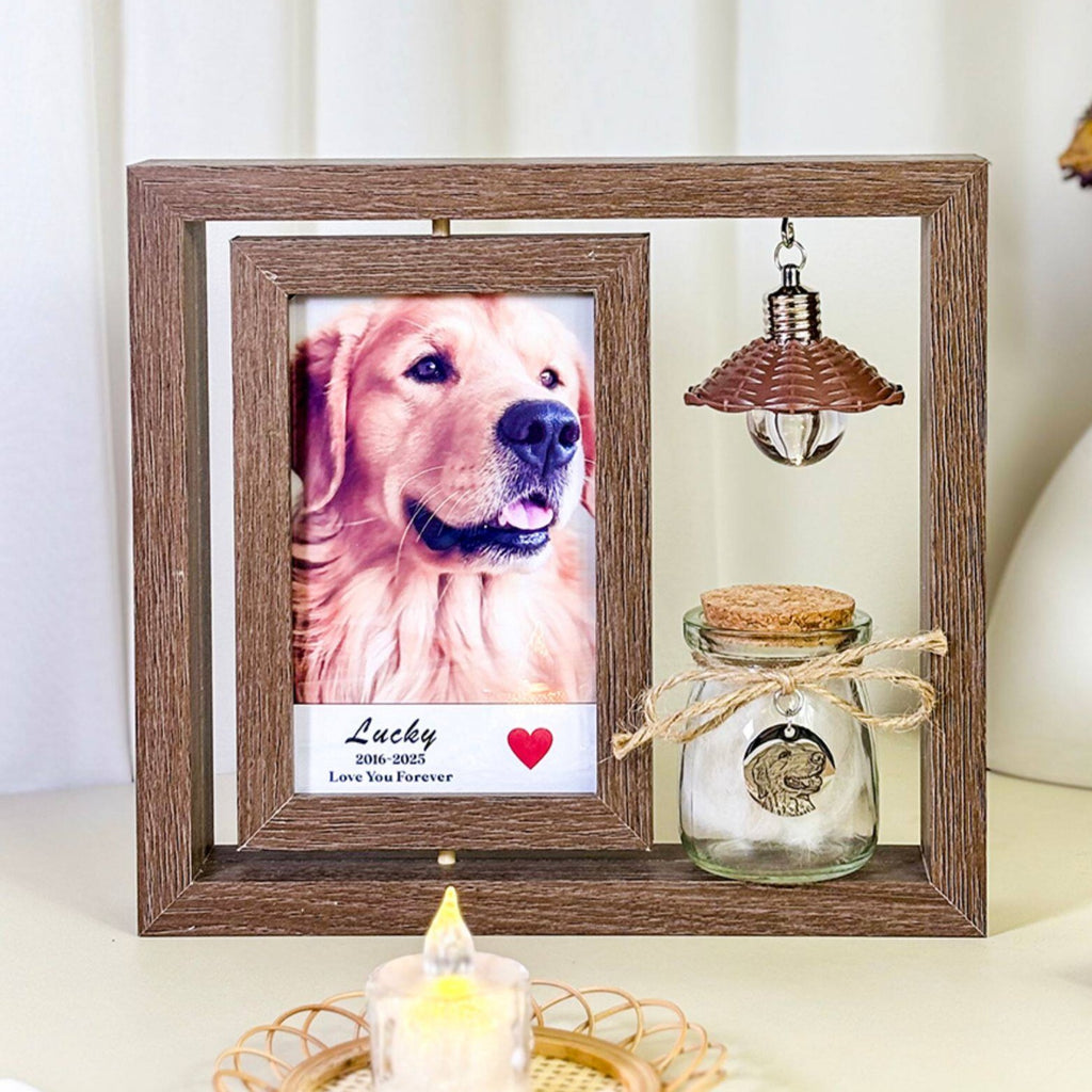 PHABULS Rotating Pet Memorial Frame with Hair Keepsake Jar & Light