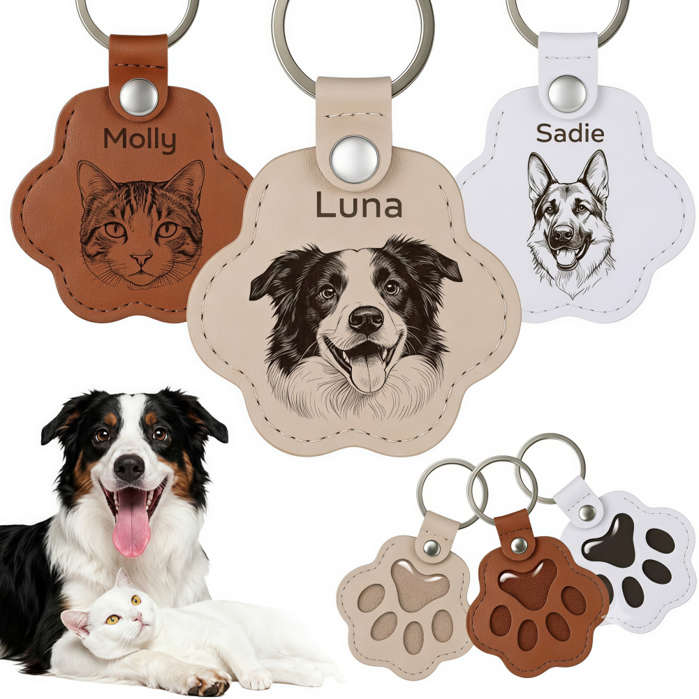 Custom Leather Pet Hair Storage Keychain Engraved Paw Memorial Keepsake