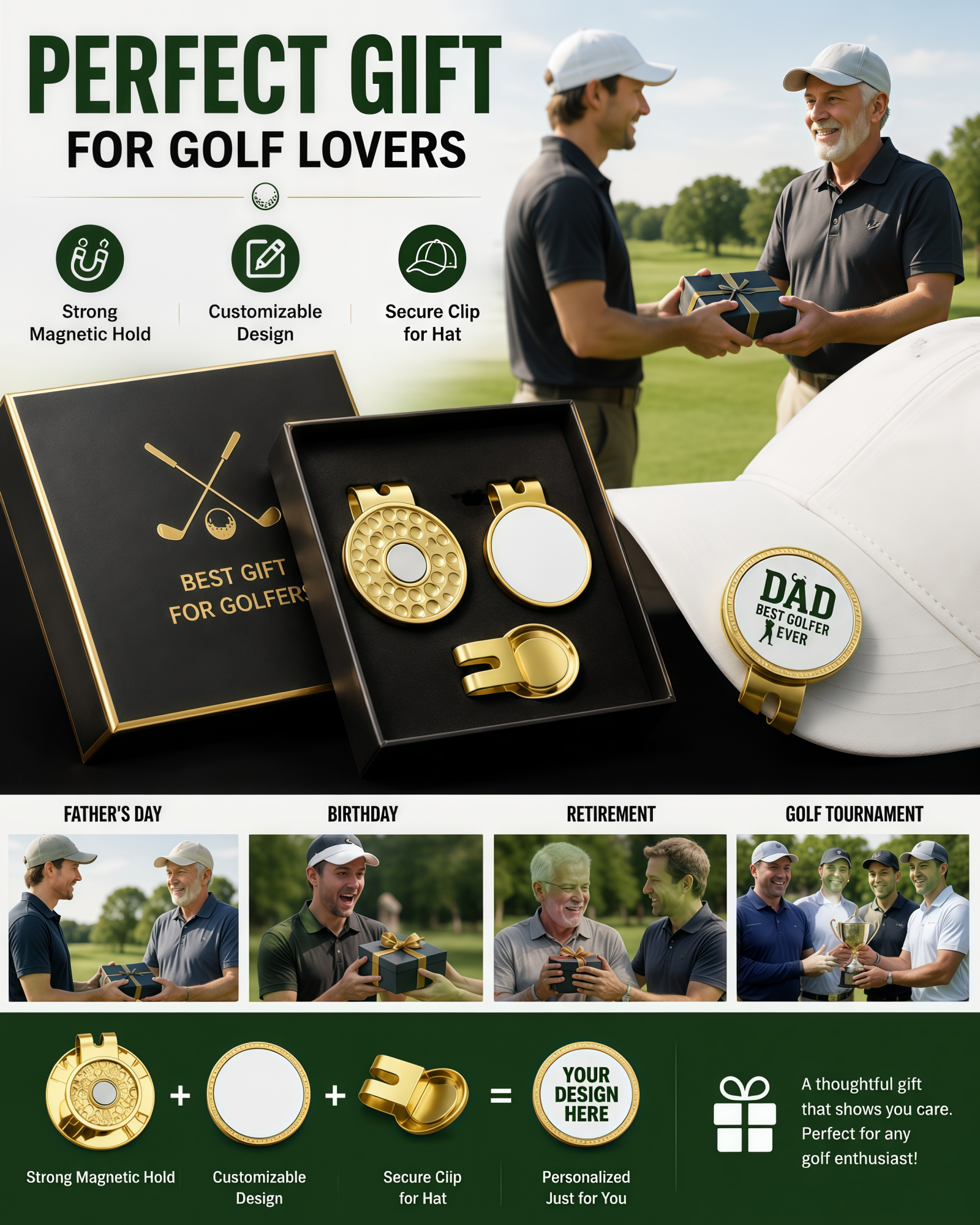 Personalized Golf Ball Marker with Magnetic Hat Clip, Custom Photo Logo Text Ball Marker, Zinc Alloy Golf Marker Hat Clip, Golf Accessories Gift for Men Women