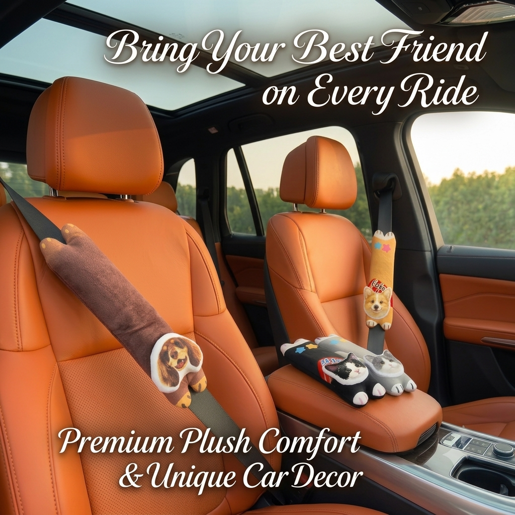 PHABULS Custom Pet Face Seat Belt Cover, 3D Plush Car Accessory