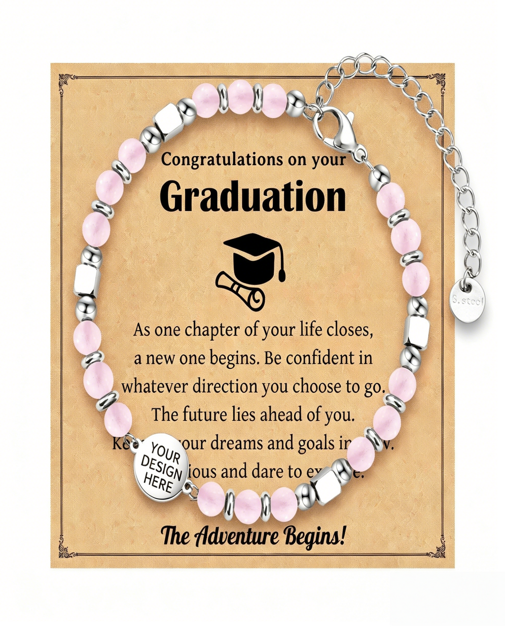 Personalized Engraved Round Pendant Bracelet, Boho Natural Stone Stainless Steel Adjustable Unisex Graduation Gift Bracelet