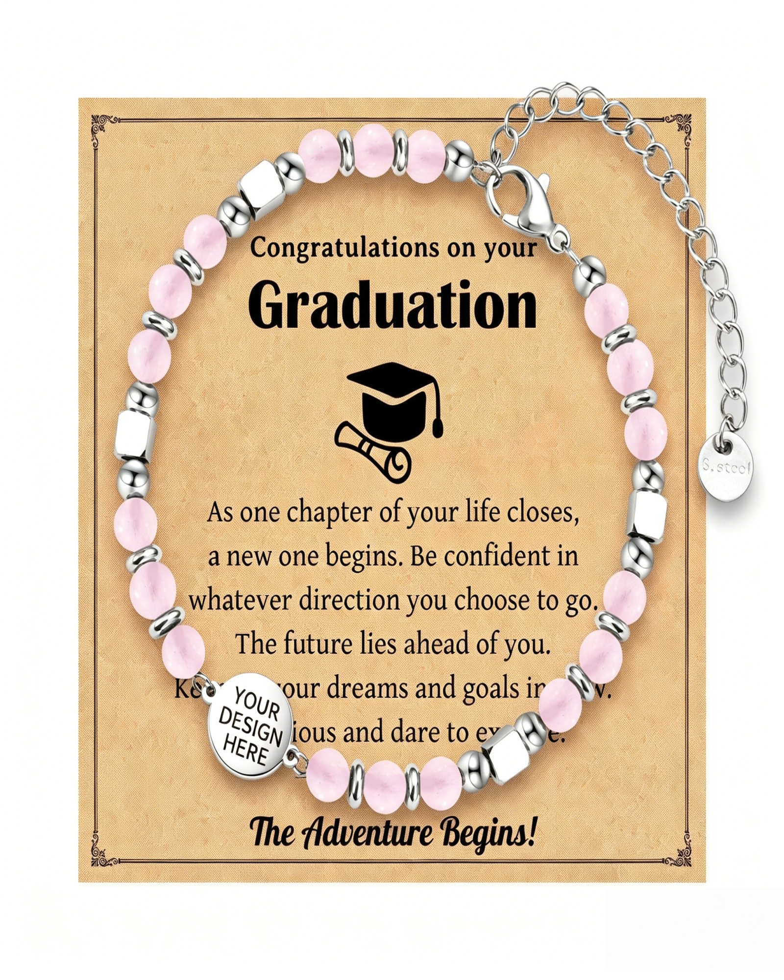 Personalized Engraved Round Pendant Bracelet, Boho Natural Stone Stainless Steel Adjustable Unisex Graduation Gift Bracelet