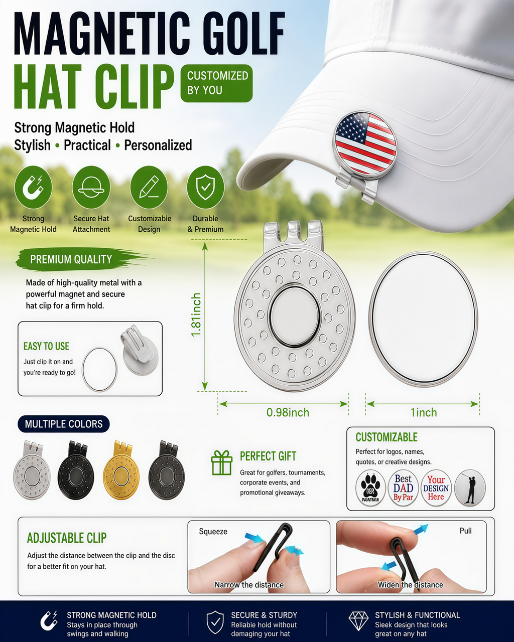 Personalized Golf Ball Marker with Magnetic Hat Clip, Custom Photo Logo Text Ball Marker, Zinc Alloy Golf Marker Hat Clip, Golf Accessories Gift for Men Women