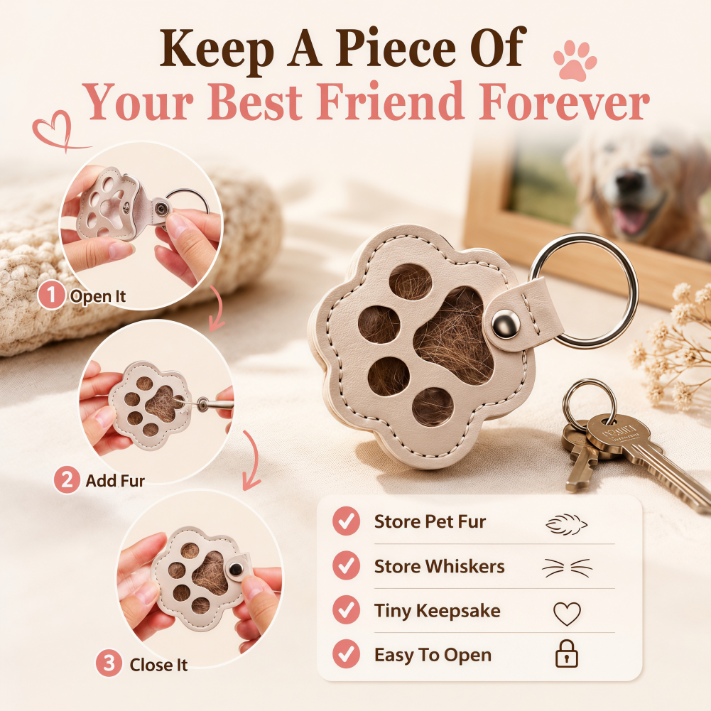 Custom Leather Pet Hair Storage Keychain Engraved Paw Memorial Keepsake