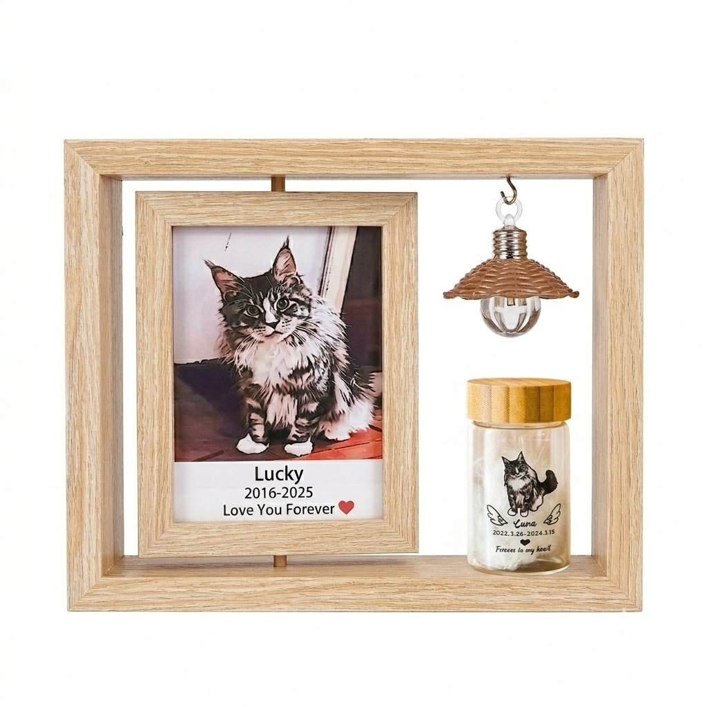 PHABULS Rotating Pet Memorial Frame with Hair Keepsake Jar & Light