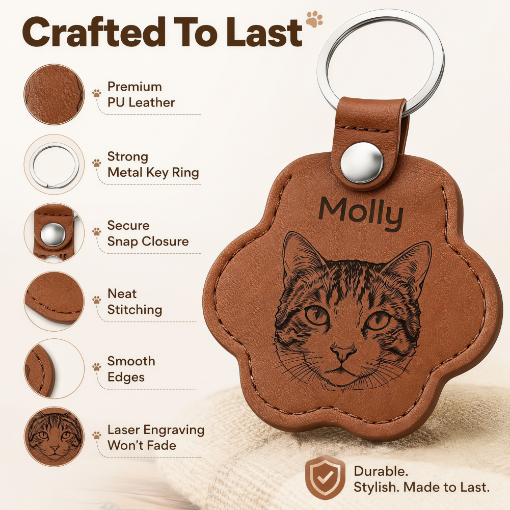 Custom Leather Pet Hair Storage Keychain Engraved Paw Memorial Keepsake
