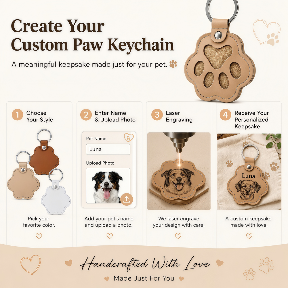 Custom Leather Pet Hair Storage Keychain Engraved Paw Memorial Keepsake