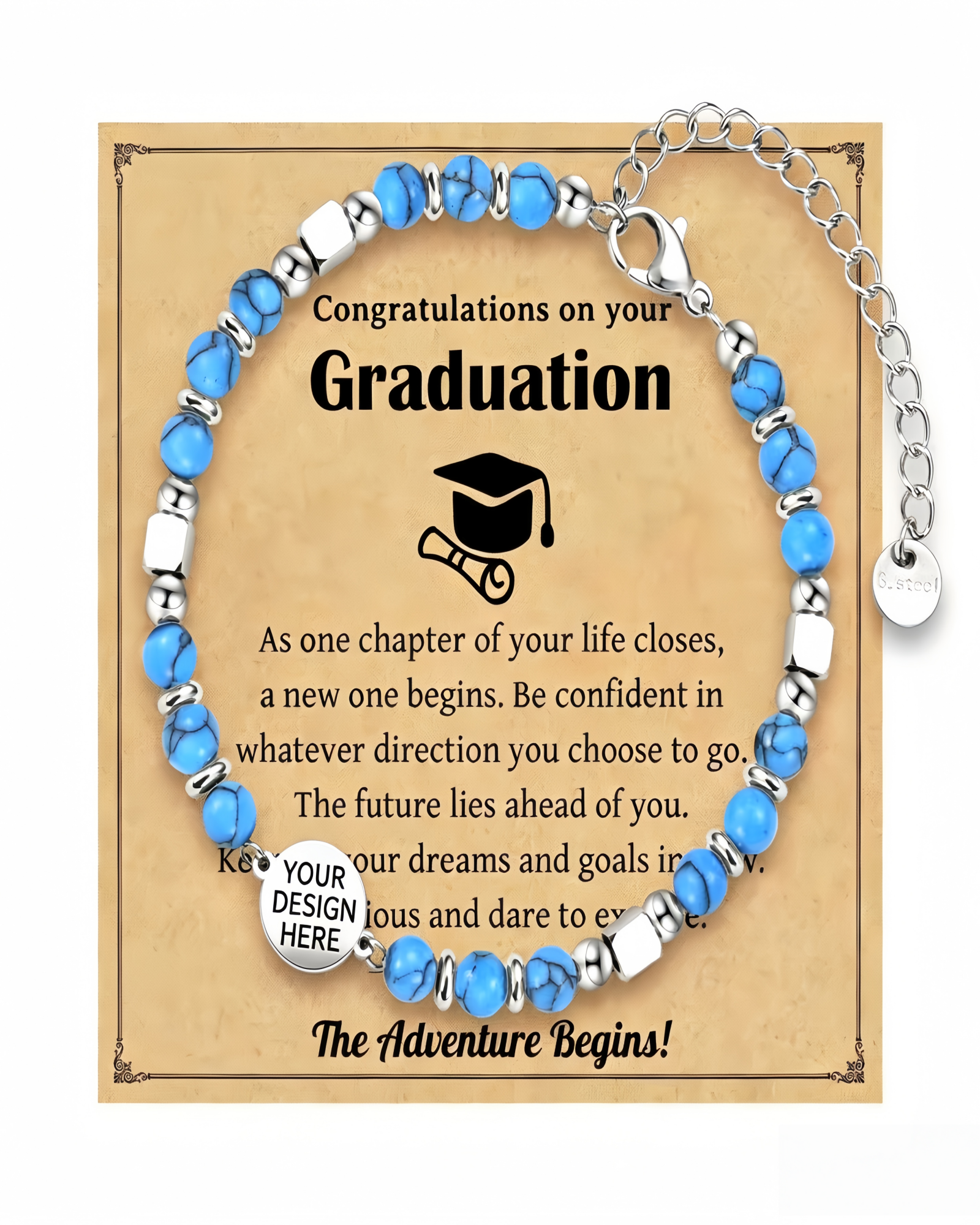 Personalized Engraved Round Pendant Bracelet, Boho Natural Stone Stainless Steel Adjustable Unisex Graduation Gift Bracelet