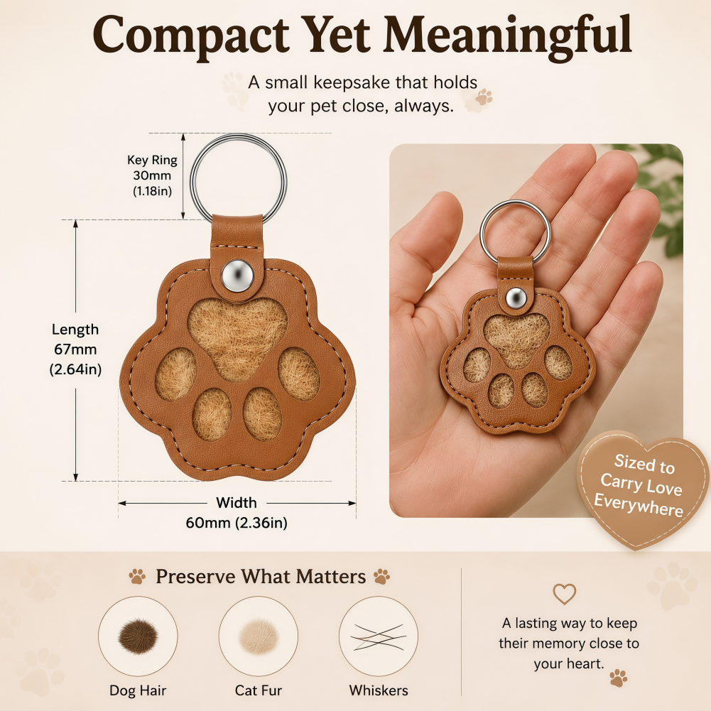 Custom Leather Pet Hair Storage Keychain Engraved Paw Memorial Keepsake