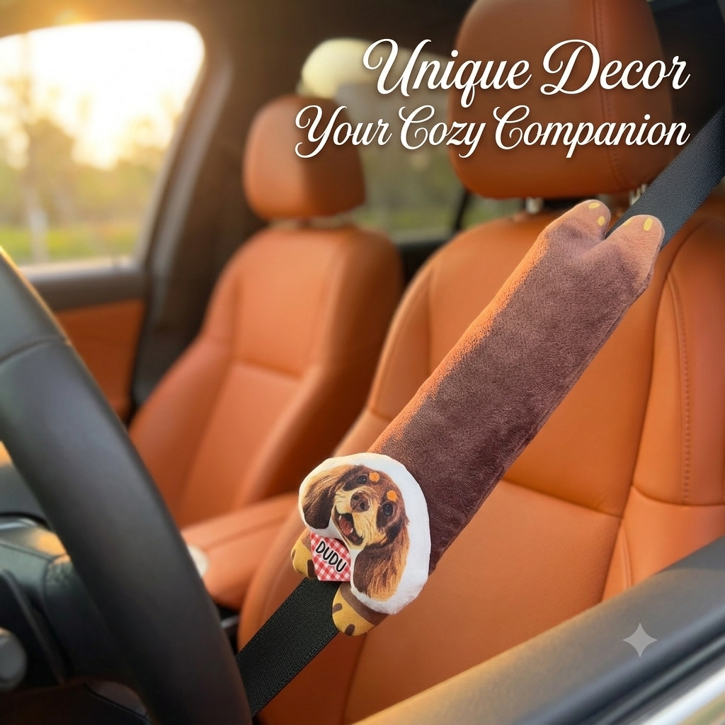 PHABULS Custom Pet Face Seat Belt Cover, 3D Plush Car Accessory