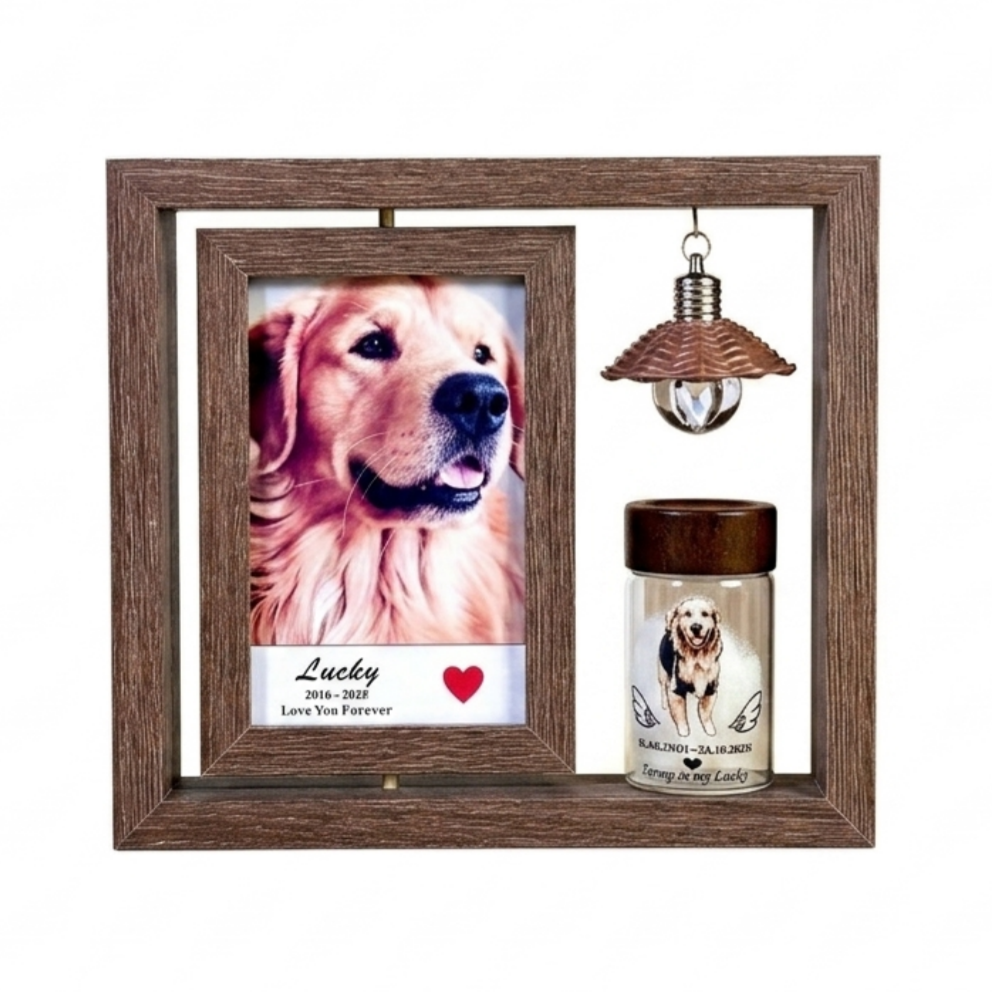 PHABULS Rotating Pet Memorial Frame with Hair Keepsake Jar & Light